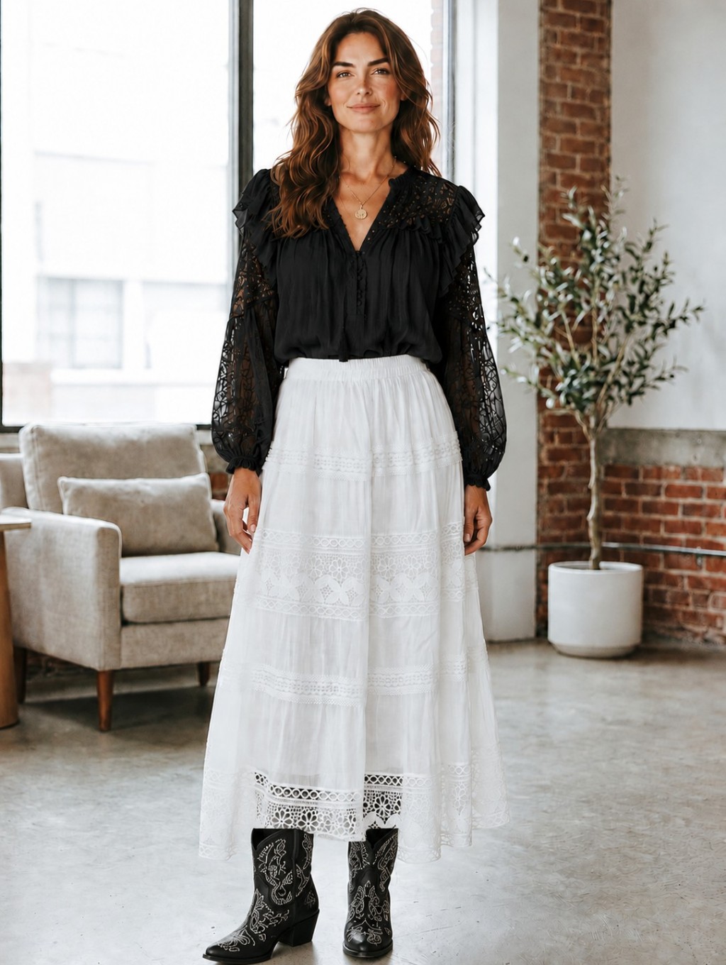 White Lace Tiered Maxi Skirt | Size Large - Nwt